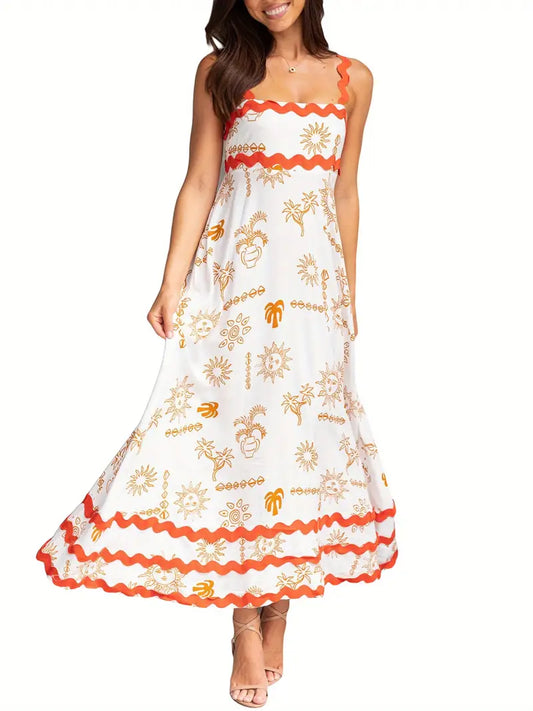 Women'S Casual Polyester Spandex Maxi Dress, Sleeveless Floral and Seafood Print Swing Dress, with Scalloped Hem, for Spring/Summer - Woven Adult Skater Dress with Vest Collar