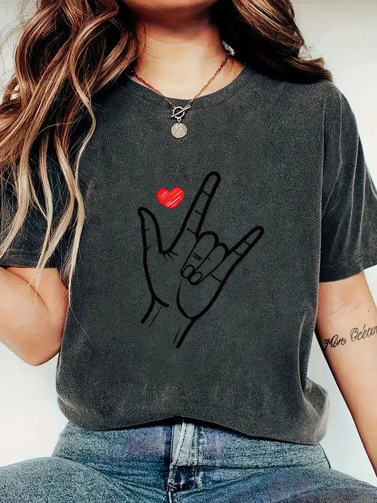 Women's Soft Breathable Love Printed Round Neck T-Shirt - Casual Short Sleeve Top with Rock On Hand & Red Heart Graphic