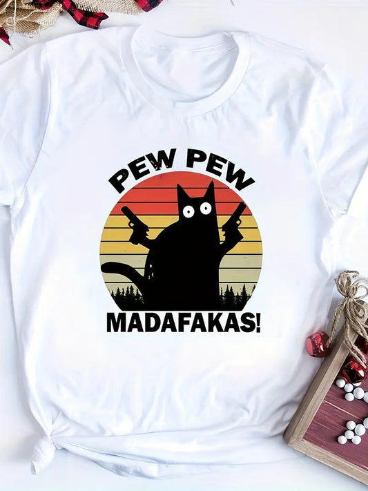 Women's White Retro Cat Graphic T-Shirt - Soft Breathable Short Sleeve Tee with "PEW PEW MADAFAKAS!" Print, Round Neck Casual Top